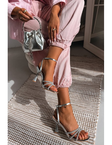 Women's High-Heeled Sandals With Embellished Straps Silver Gedira