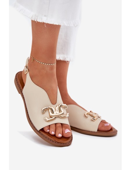 Women Sandals Flat Heel With Golden Decoration Beige Amelira