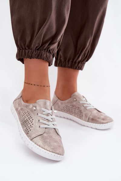 Women's Perforated Shoes Made of Natural Suede Beige-Gold Feliva