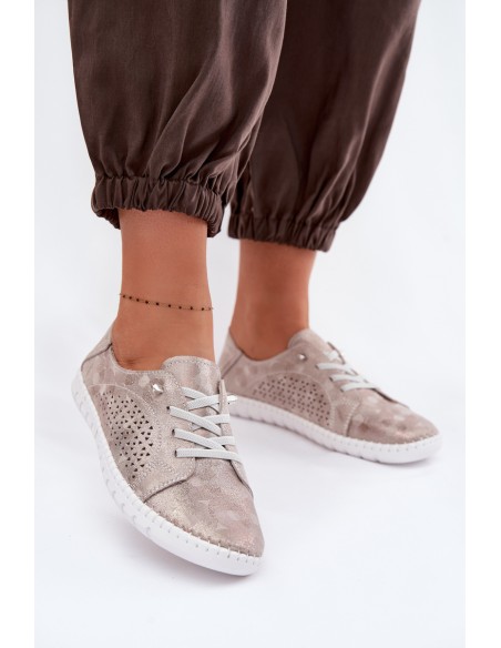 Women's Perforated Shoes Made of Natural Suede Beige-Gold Feliva