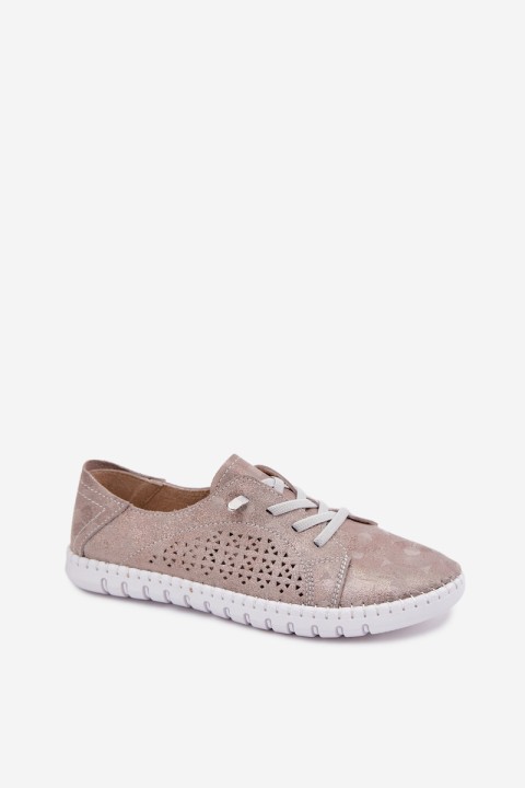 Women's Perforated Shoes Made of Natural Suede Beige-Gold Feliva