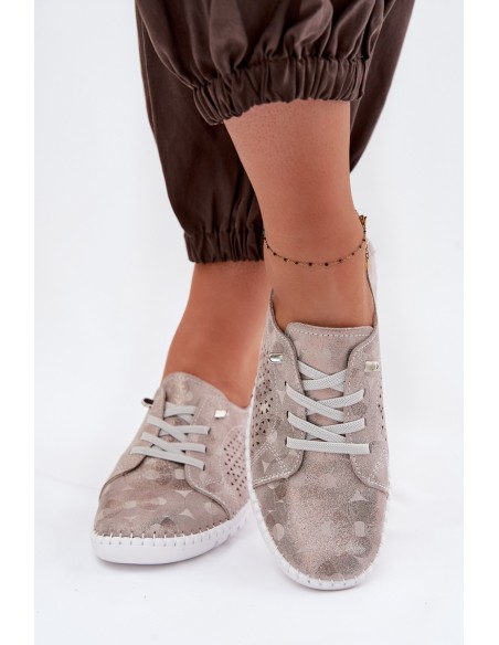 Women's Perforated Shoes Made of Natural Suede Beige-Gold Feliva