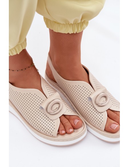 Leather Women's Sandals With Decorative Detail Beige Deliva