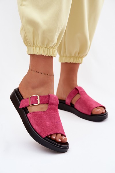 Suede Women's Platform Sandals With Gold Buckle Fuchsia Zemela