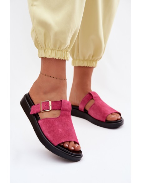 Suede Women's Platform Sandals With Gold Buckle Fuchsia Zemela