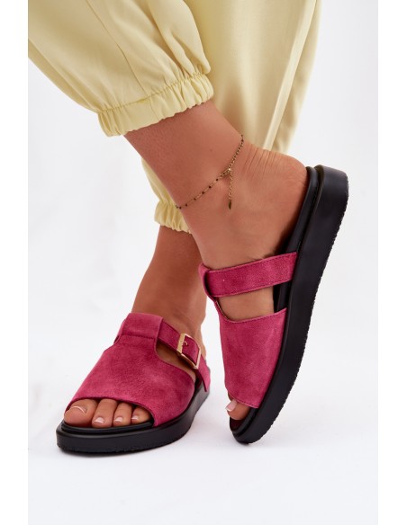 Suede Women's Platform Sandals With Gold Buckle Fuchsia Zemela