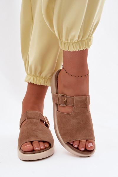 Suede Women's Platform Sandals With Gold Buckle Camel Zemela