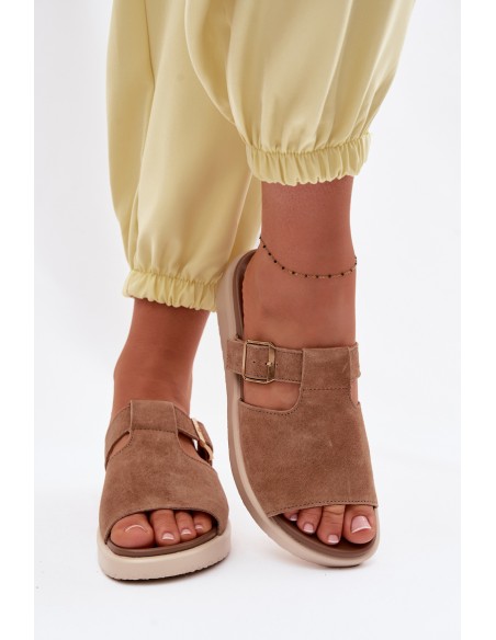 Suede Women's Platform Sandals With Gold Buckle Camel Zemela