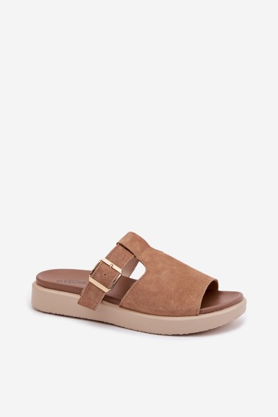 Suede Women's Platform Sandals With Gold Buckle Camel Zemela 2