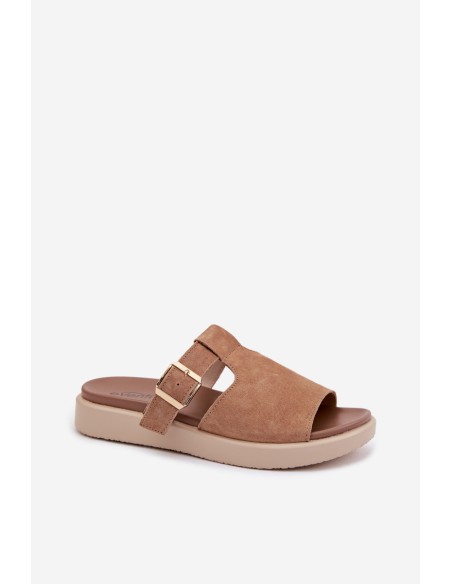 Suede Women's Platform Sandals With Gold Buckle Camel Zemela