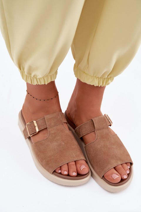 Suede Women's Platform Sandals With Gold Buckle Camel Zemela