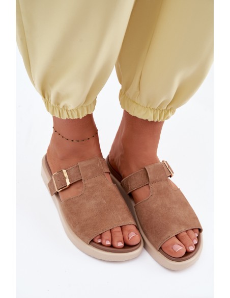 Suede Women's Platform Sandals With Gold Buckle Camel Zemela