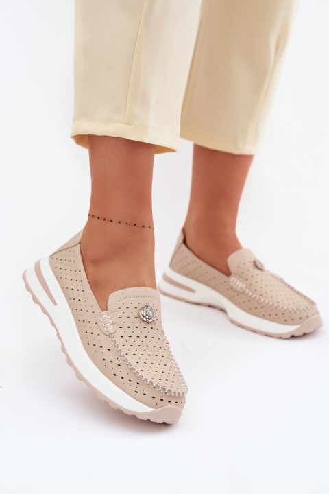 Women's Openwork Loafers Made of Natural Leather Beige Kemela