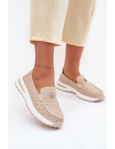 Women's Openwork Loafers Made of Natural Leather Beige Kemela