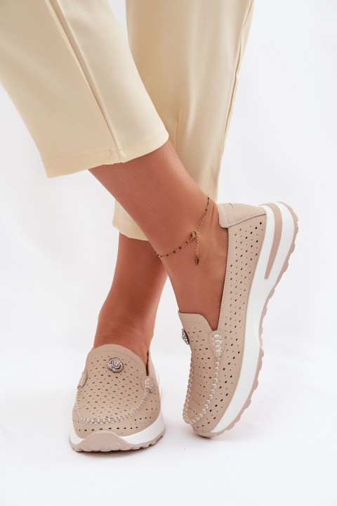 Women's Openwork Loafers Made of Natural Leather Beige Kemela