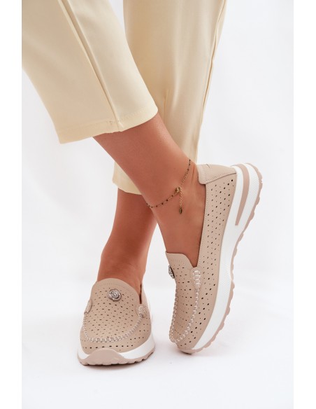 Women's Openwork Loafers Made of Natural Leather Beige Kemela
