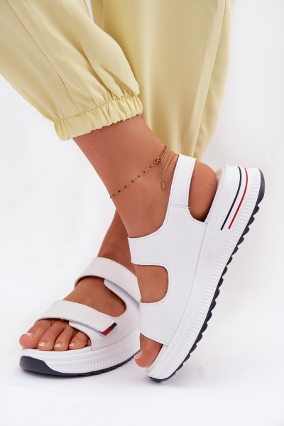 Leather Women's Platform Sandals With Velcro White Jemela