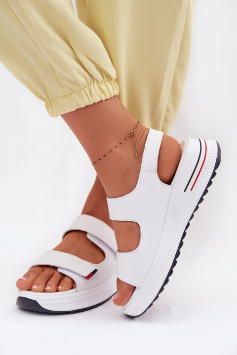 Leather Women's Platform Sandals With Velcro White Jemela
