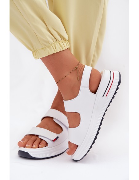 Leather Women's Platform Sandals With Velcro White Jemela