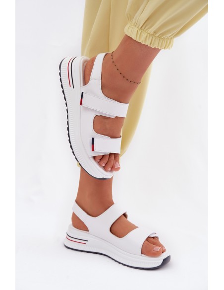 Leather Women's Platform Sandals With Velcro White Jemela