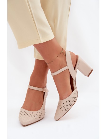 Openwork Block Heel Sandals Sergio Leone SK447 Light Beige