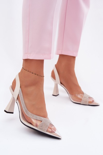Transparent Sandals with Rhinestones on Heel Vinceza 62282 Light Beige