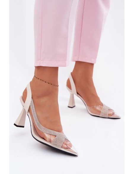 Transparent Sandals with Rhinestones on Heel Vinceza 62282 Light Beige