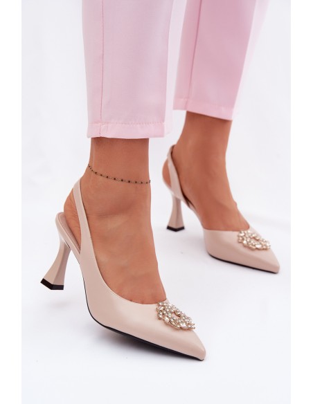 Vinceza Beige High Heel Sandals With Jewelry Decoration