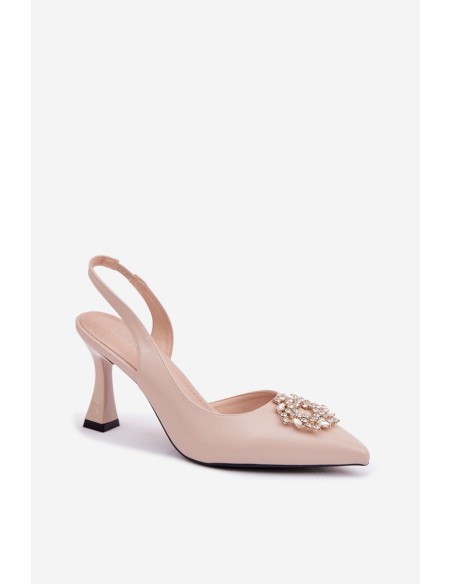 Vinceza Beige High Heel Sandals With Jewelry Decoration
