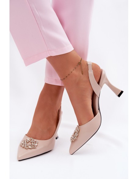 Vinceza Beige High Heel Sandals With Jewelry Decoration