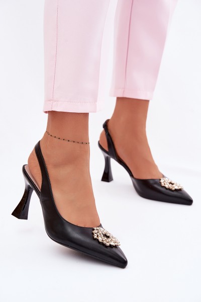 Vinceza 62277 Black Heeled Sandals With Jewelry Decoration