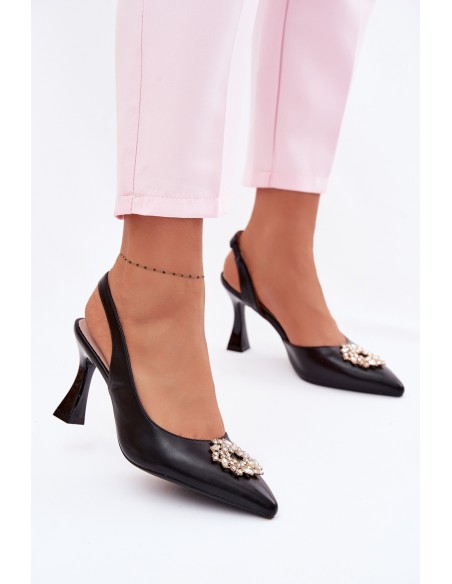 Vinceza 62277 Black Heeled Sandals With Jewelry Decoration