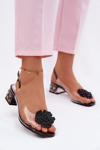 Transparent Sandals with Block Heel with Crystals and Flower Vinceza 70122 Black