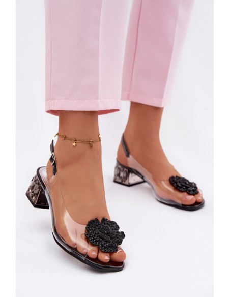 Transparent Sandals with Block Heel with Crystals and Flower Vinceza 70122 Black