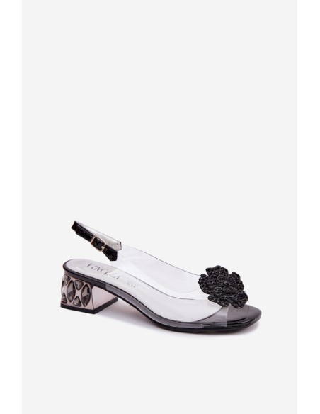 Transparent Sandals with Block Heel with Crystals and Flower Vinceza 70122 Black