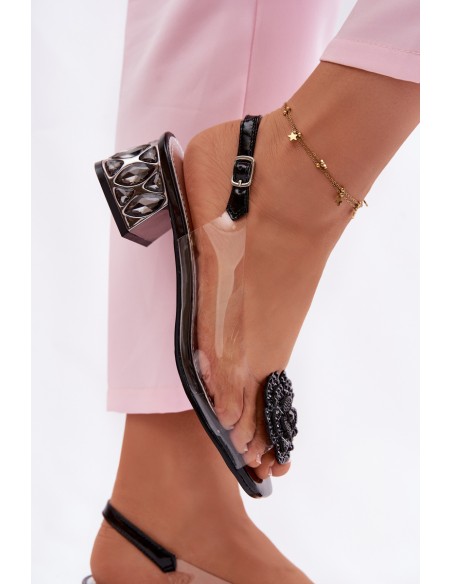 Transparent Sandals with Block Heel with Crystals and Flower Vinceza 70122 Black