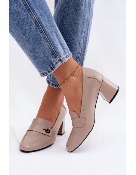 Leather Women's Heeled Shoes Vinceza 18119 Beige