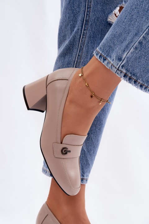 Leather Women's Heeled Shoes Vinceza 18119 Beige