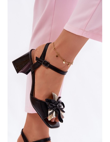 Women's Block Heel Sandals With Decorative Flower Vinceza 20283 Black