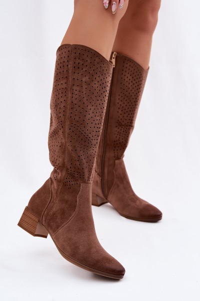 Women's Perforated Ankle Boots Low Heel Vinceza 58637 Light Brown