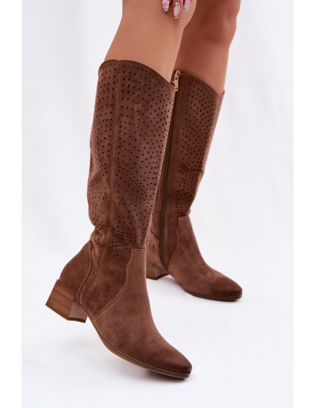 Women's Perforated Ankle Boots Low Heel Vinceza 58637 Light Brown