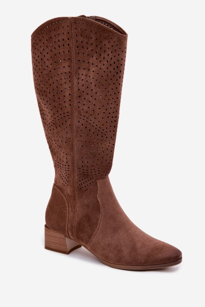 Women's Perforated Ankle Boots Low Heel Vinceza 58637 Light Brown 2