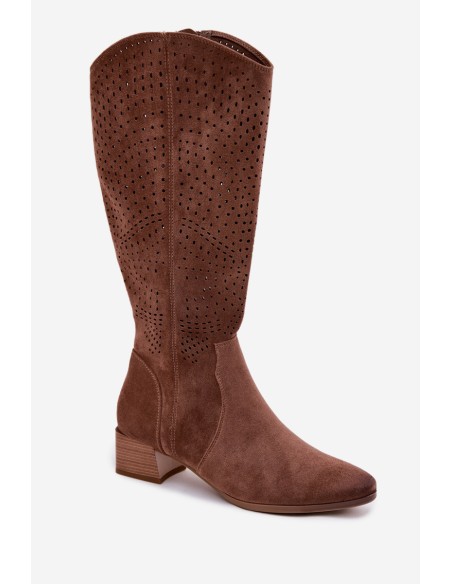 Women's Perforated Ankle Boots Low Heel Vinceza 58637 Light Brown