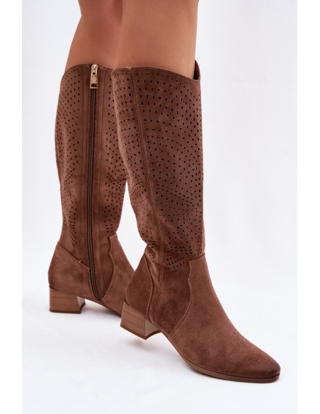 Women's Perforated Ankle Boots Low Heel Vinceza 58637 Light Brown