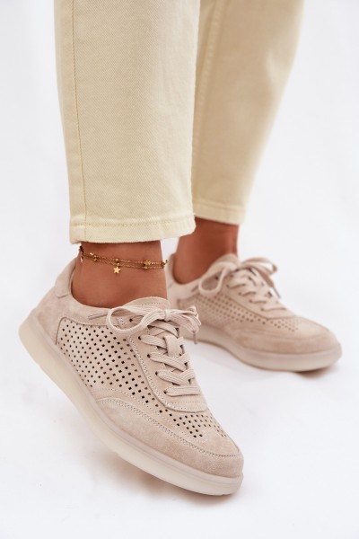 Leather Suede Women's Sneakers With Perforations Beige Almora