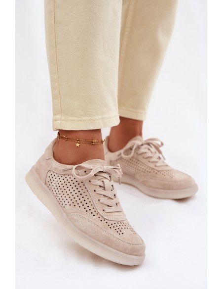 Leather Suede Women's Sneakers With Perforations Beige Almora
