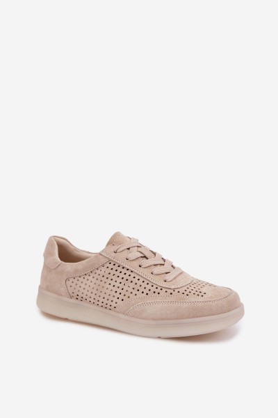 Leather Suede Women's Sneakers With Perforations Beige Almora 2