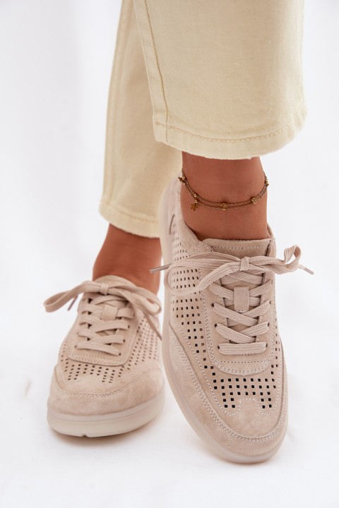 Leather Suede Women's Sneakers With Perforations Beige Almora