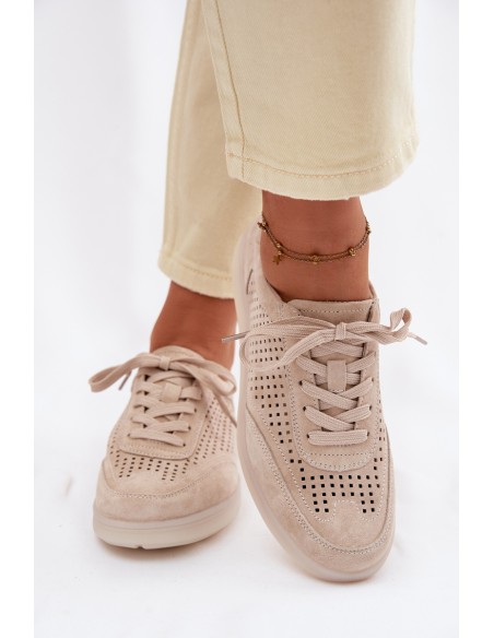 Leather Suede Women's Sneakers With Perforations Beige Almora