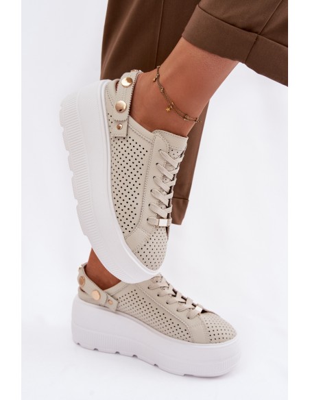 Leather Mesh Women's Sneakers On Platform With Strap On Heel D&A LR61-7088 Beige